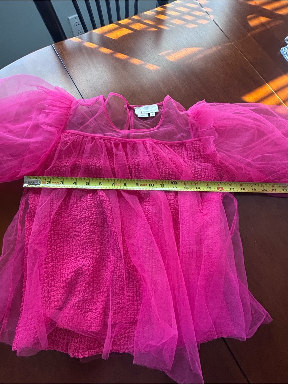 Anthropologie Pink Sheer Tulle Puff Sleeve Smocked Blouse Top Size Small - Picture 11 of 12